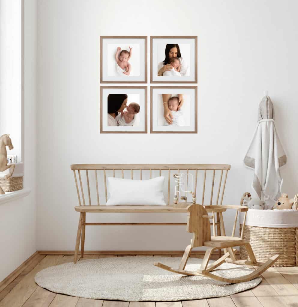 four quare photo frames on a white wall in baby nursery displaying professional photos from newborn photography session